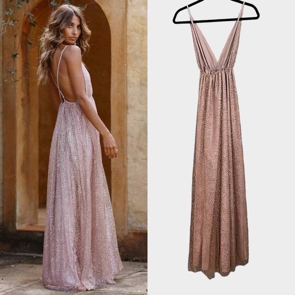 NEW Hello Molly Perfect Places Maxi Dress 4 Bronze Long Elegant Glam Glitter - Picture 3 of 8